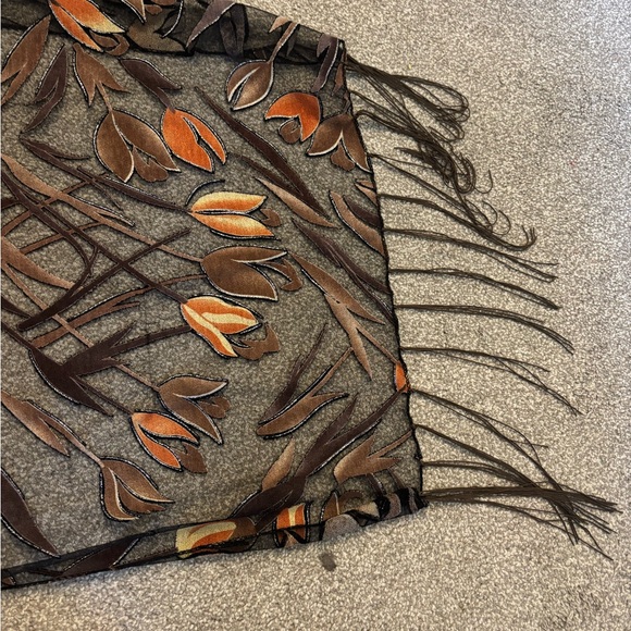 Black Sheer Floral Fringe Scarf with Brown & Orange Accents - Picture 2 of 2